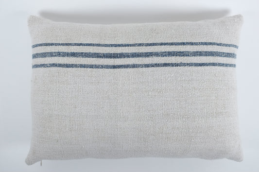 Off White French Linen Lumbar Pillow w/ Three Blue Stripes