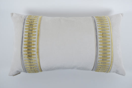Ecru with Yellow and Gray Side Bands, Velvet Lumbar Pillow