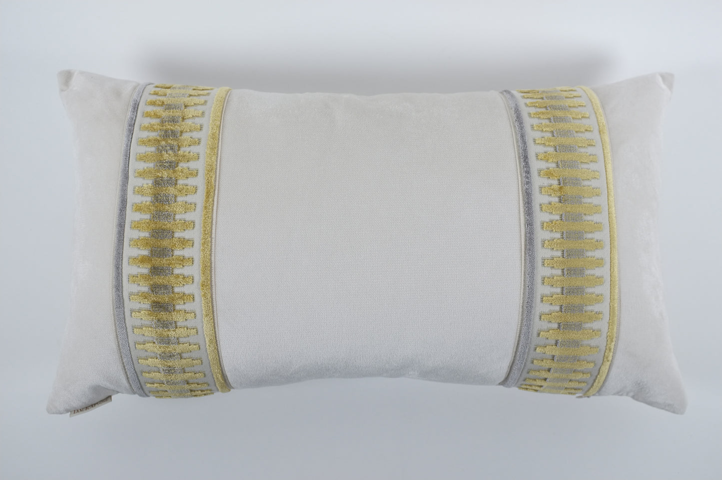 Ecru with Yellow and Gray Side Bands, Velvet Lumbar Pillow