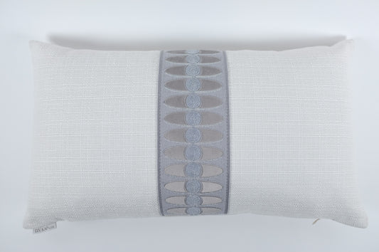 White Velvet with Gray & Pale Blue Band Lumbar Pillow