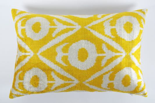 Yellow and White Floral Grid Silk Velvet Lumbar Pillow