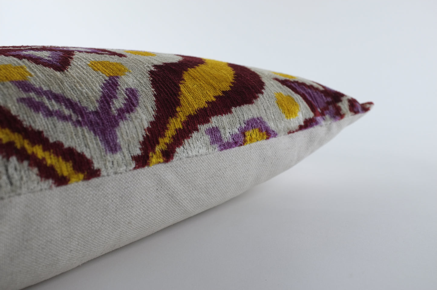 Ecru with Yellow and Maroon Sun Silk Velvet Lumbar Pillow