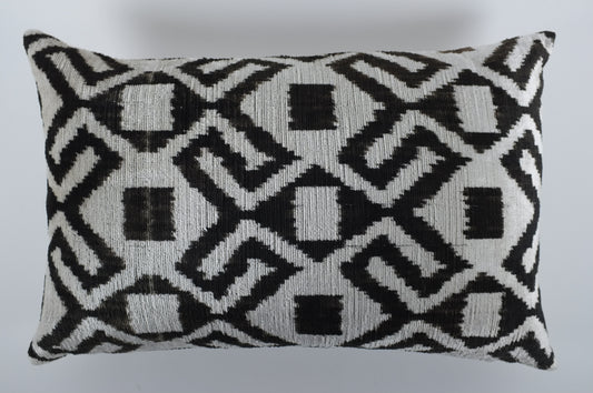 Grey and Black Squares and Pattern Silk Velvet Lumbar Pillow