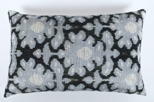 Pale blue and black silk velvet floral Lumbar Pillow