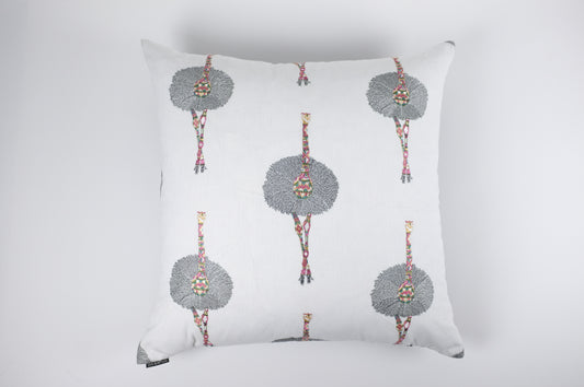 Accent pillow, white with playful ostrich design in black and bright colors