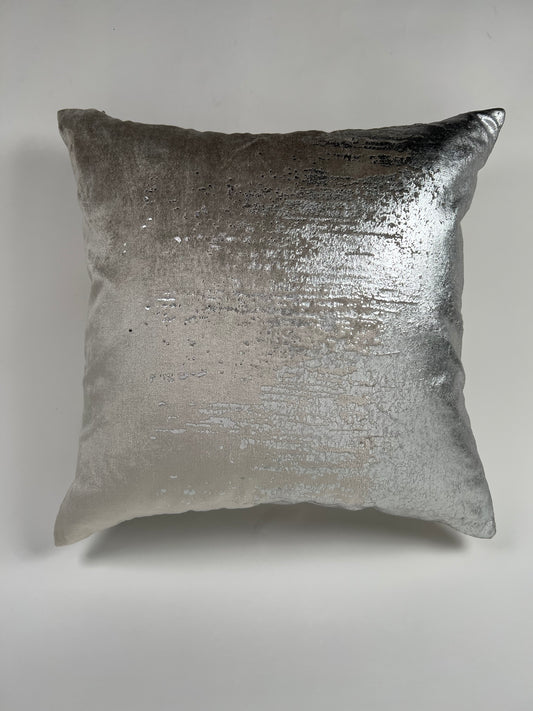 Accent pillow, grey velvet with rugged silver coating on one side