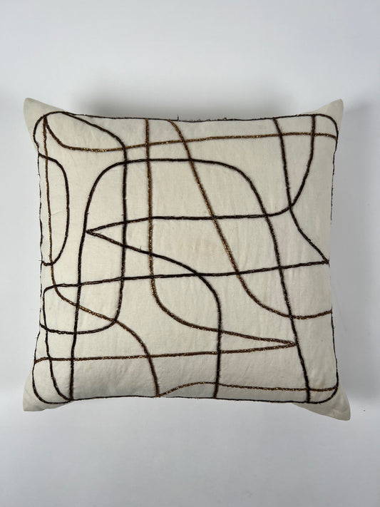 Accent pillow, ecru with beaded black and bronze squiggle lines