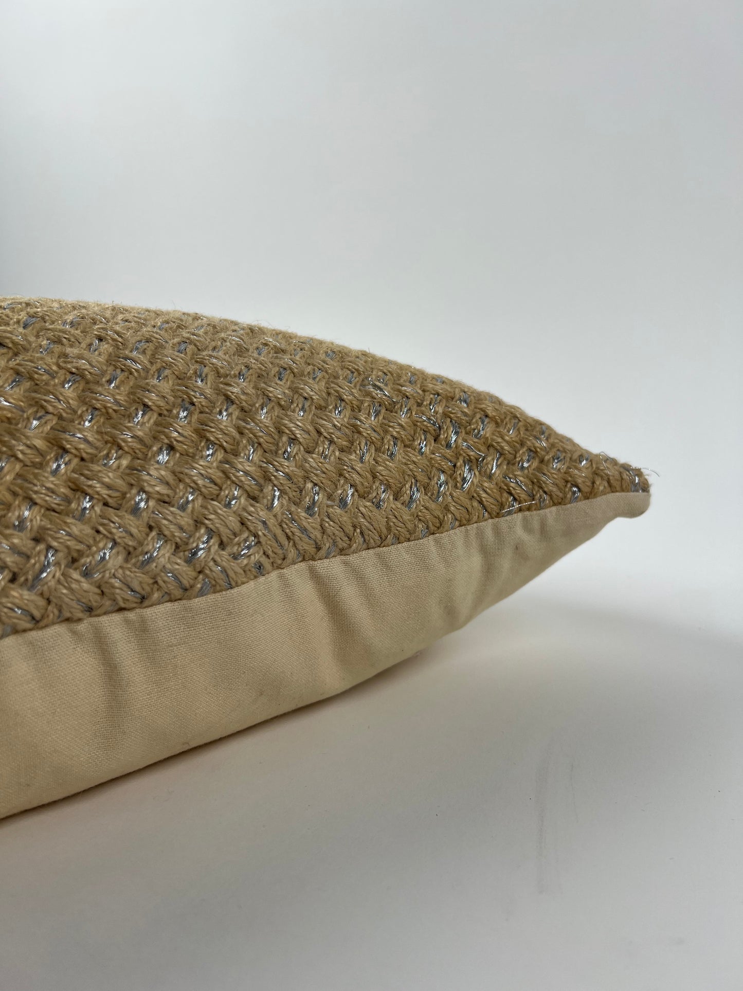Natural Basket Weave Accent Pillow with silver detail