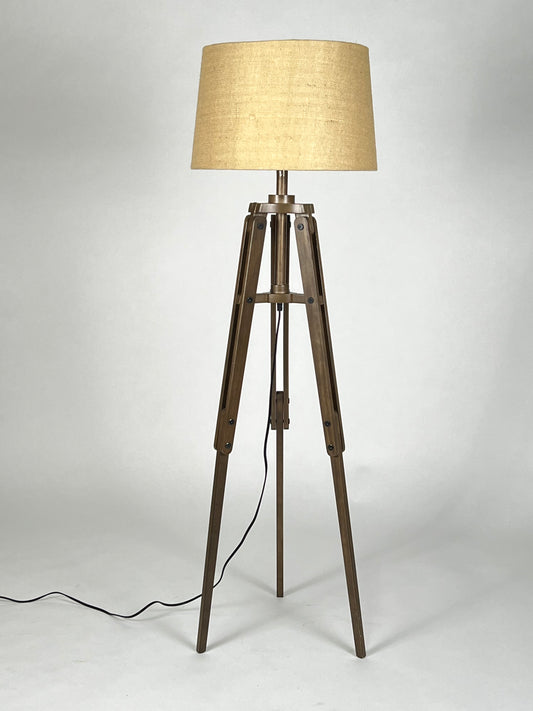 Wooden tripod floor lamp with cream shade