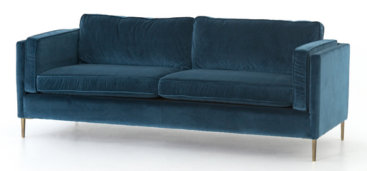Sapphire / teal blue velvet sofa with brass legs, mid-century styling