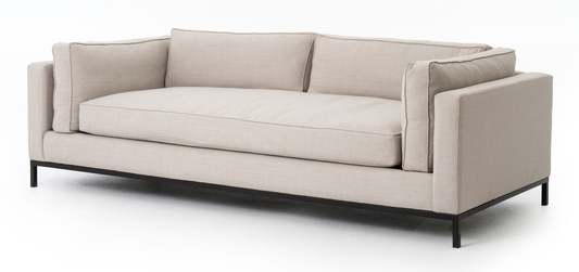 Light gray fabric sofa with simple black iron base
