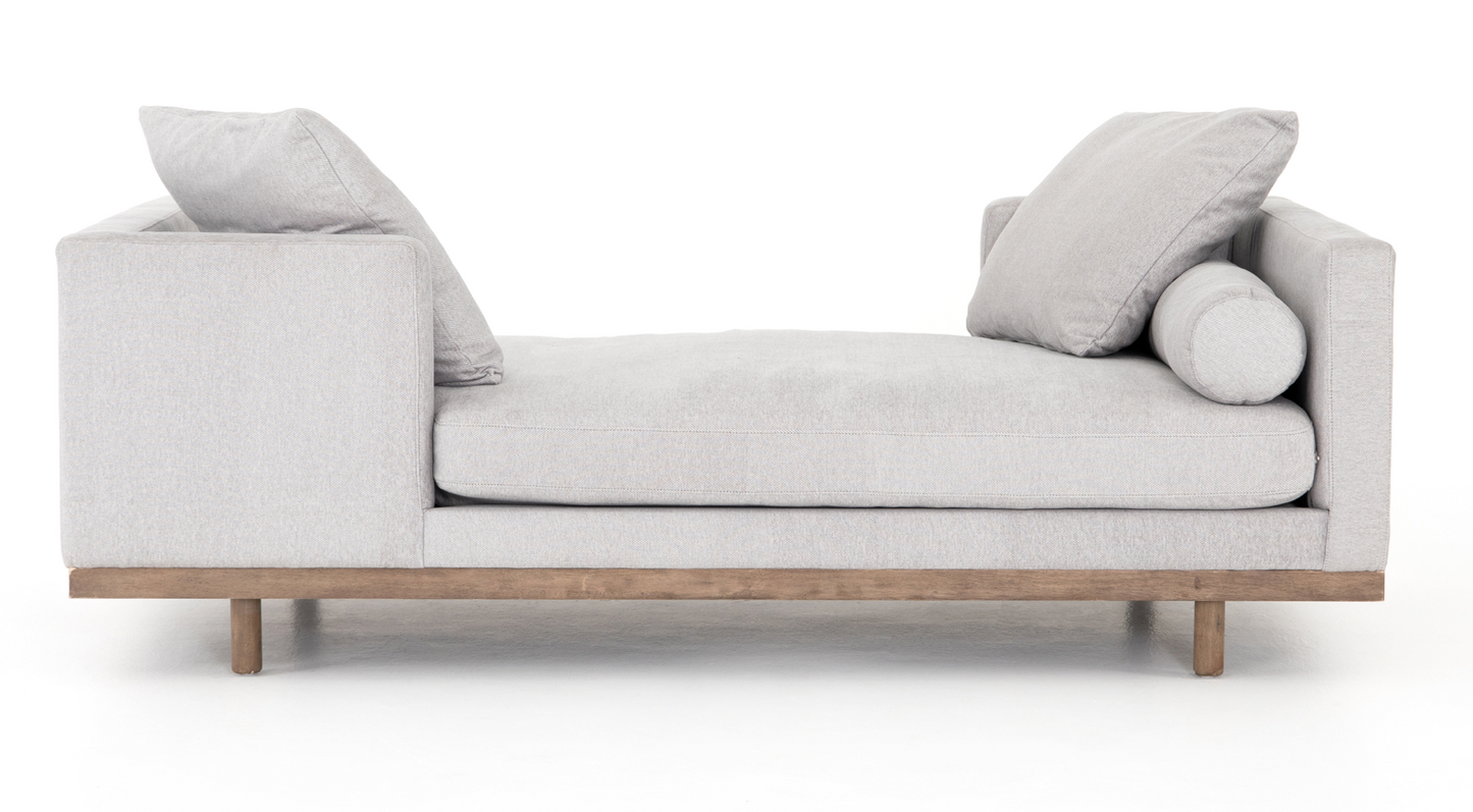 Pale gray tete a tete chaise lounger with bolsters