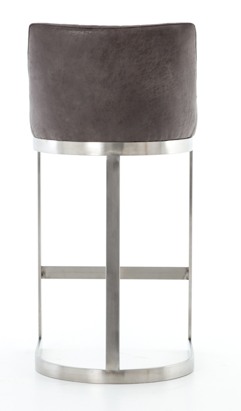 Charcoal leather bar stool with back, stainless steel frame