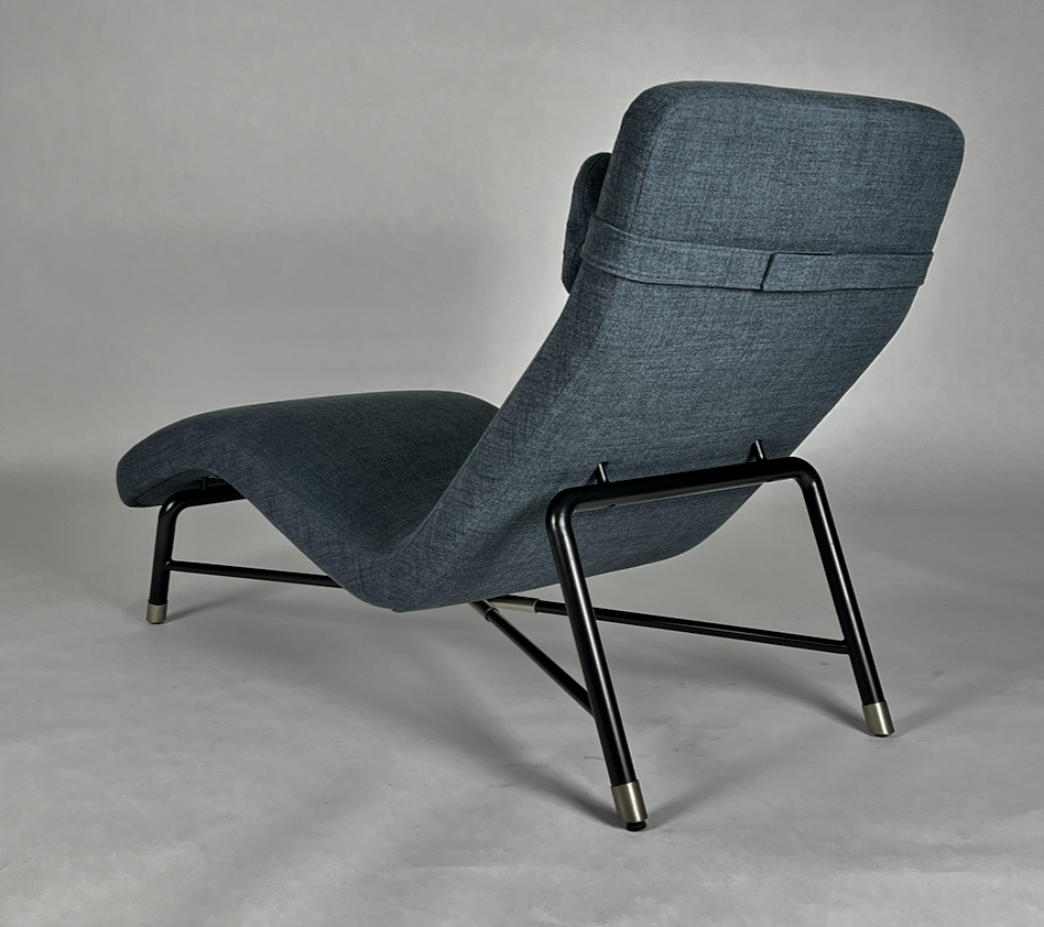 Dark blue chaise lounge, slender black frame with brass tips