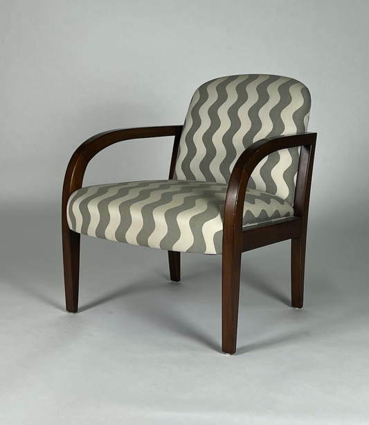 Wavy gray and white wide striped chairs with dark brown frame