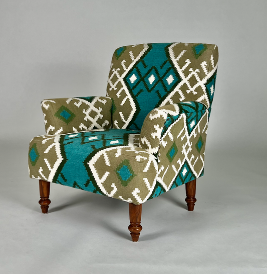 Teal, olive, white & black Kilim patterned chair with turned wood legs