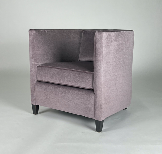 Lavender mohair chair with round back, short black legs