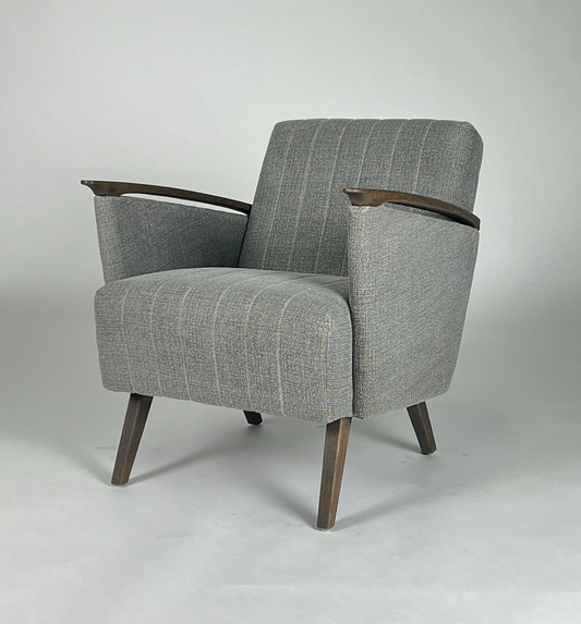 Vintage inspired gray fabric chair with brown wood arms and legs
