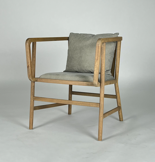 Taupe canvas and wood frame chair with slightly rounded back