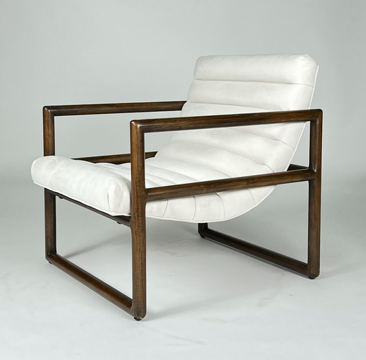 Off white fabric chair with dark wood square frame