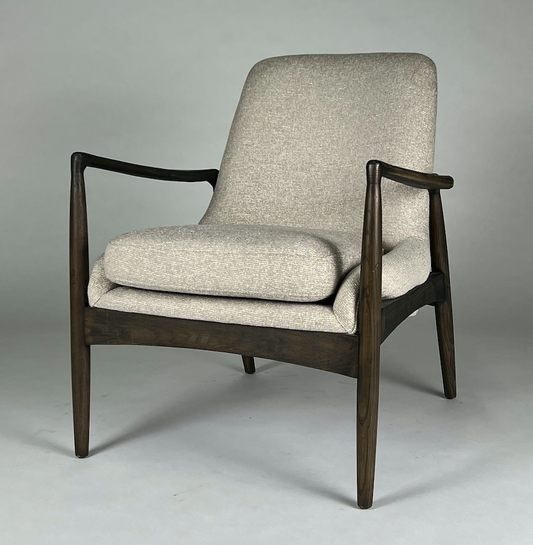 Light camel / cream fabric chair with sculpted dark brown wood frame