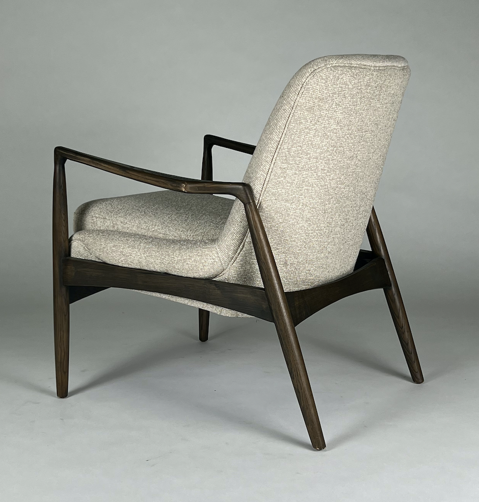 Light camel / cream fabric chair with sculpted dark brown wood frame