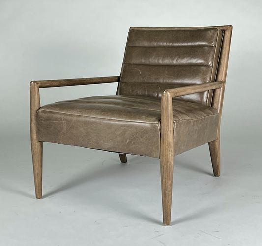Saddle brown leather chair with wood frame