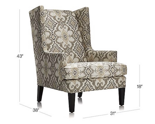 Patterned fabric wing chair in cream, tan, olive with black legs