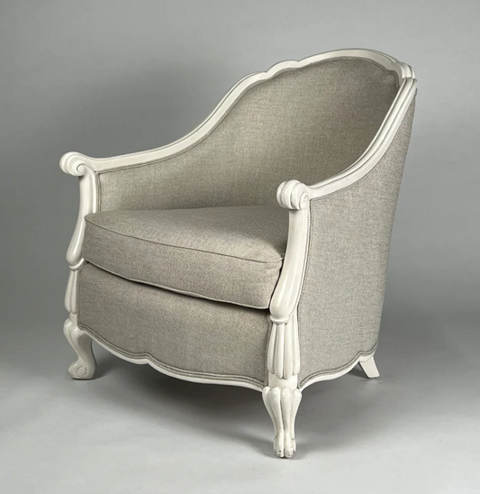 Silvery fabric chair with white carved frame, round back, traditional style