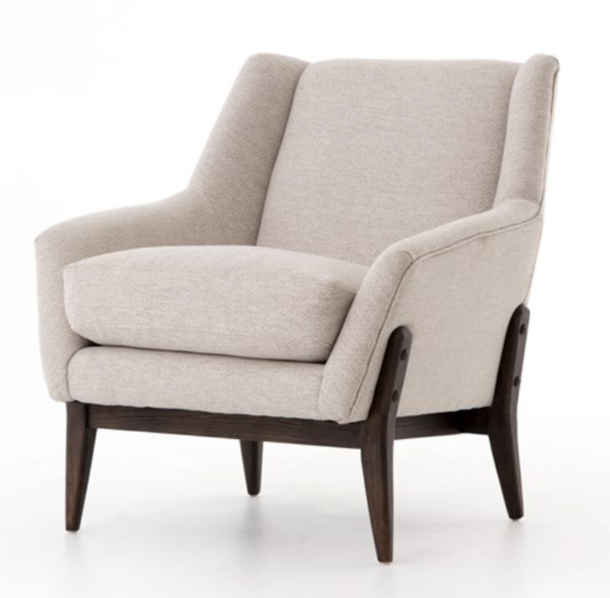 Light gray modern club chair with burnt oak legs