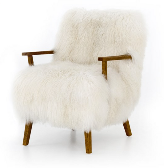 Cream Mongolian fur arm chair with drifted oak frame