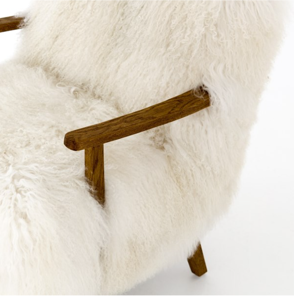 Cream Mongolian fur arm chair with drifted oak frame