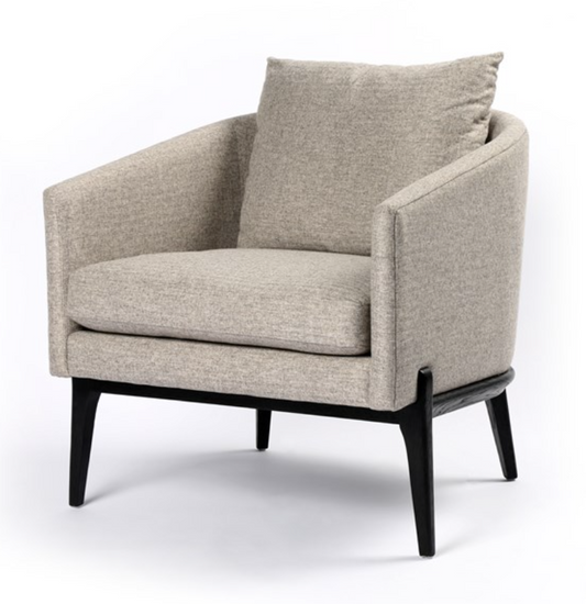 Light gray chair with subtle herringbone fabric, black frame