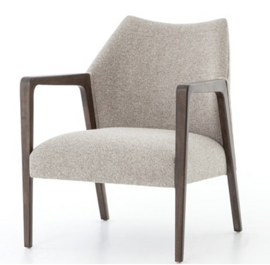 Neutral boucle fabric accent chair with polished wood frame