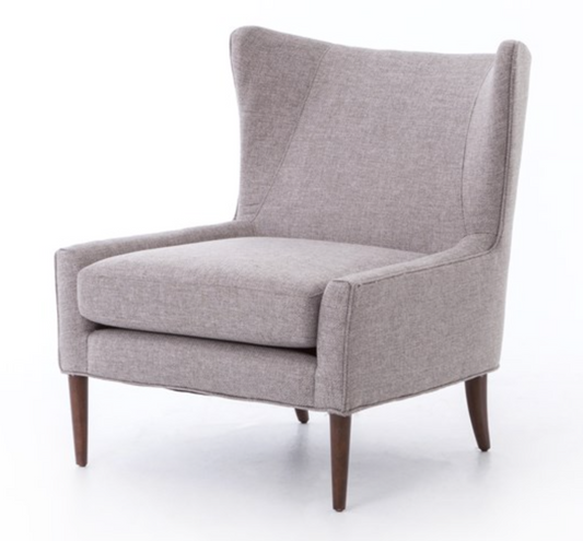 Light gray modern wing back chair with brown legs