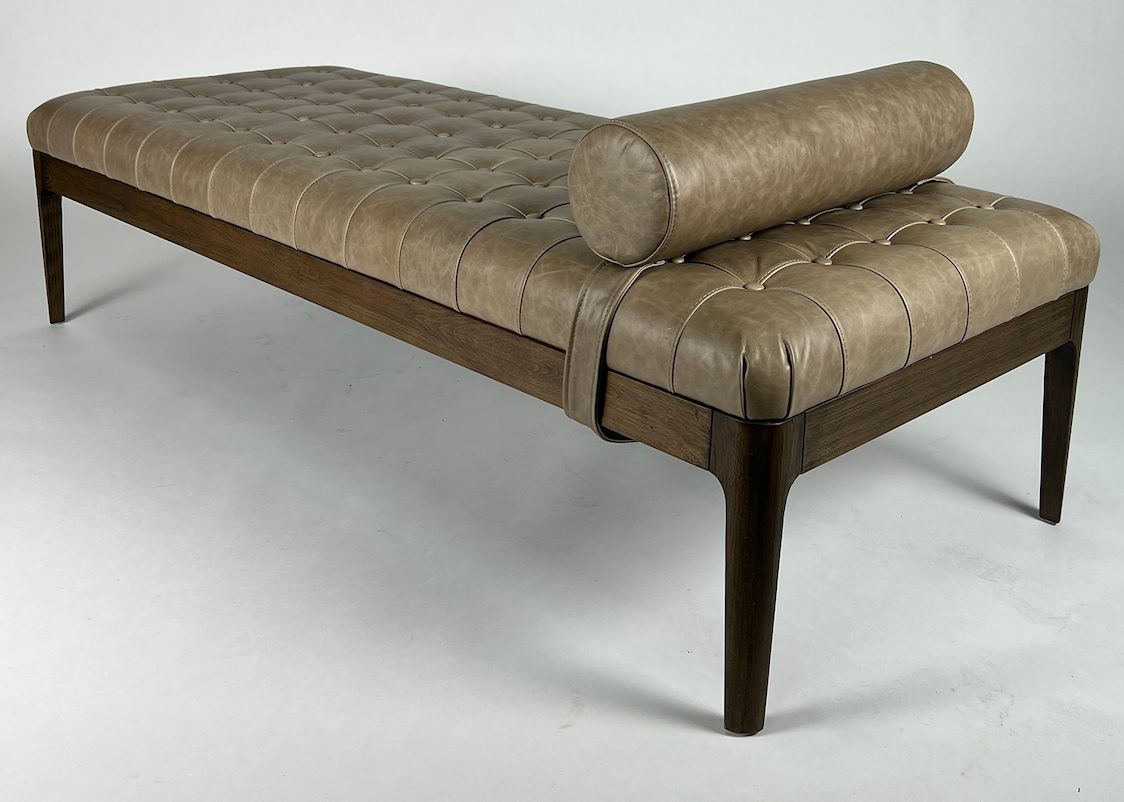Taupe leather bench or chaise with removable bolster