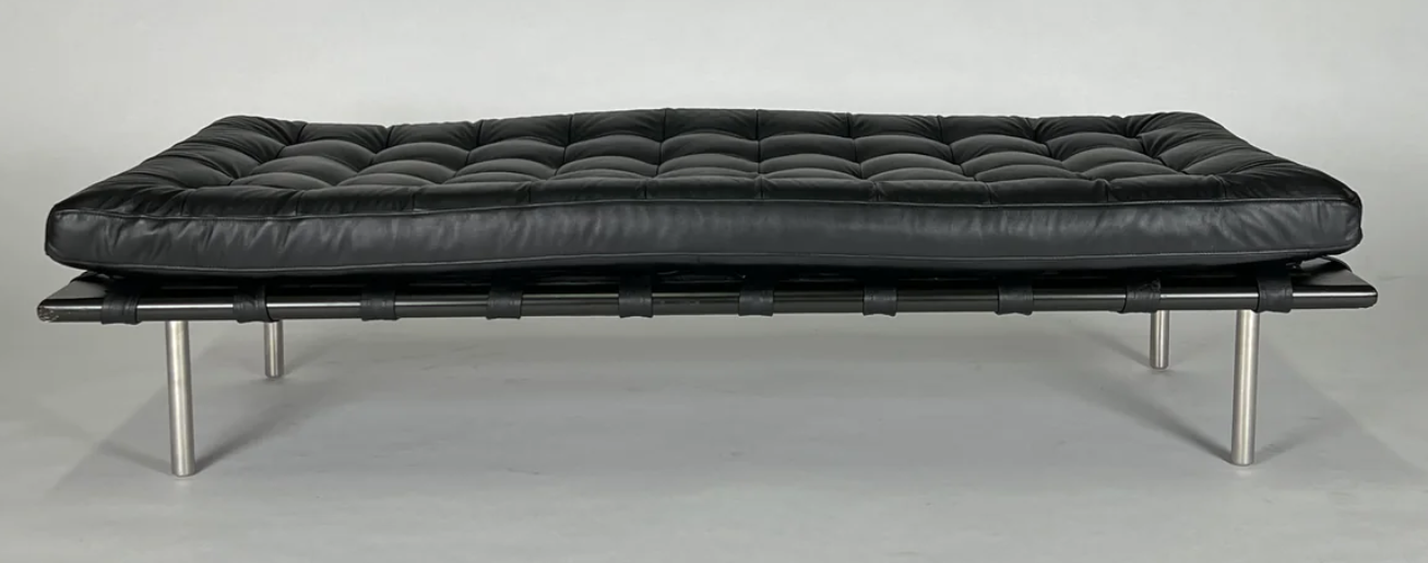 Black leather Eames style bench or chaise lounge, removable bolster