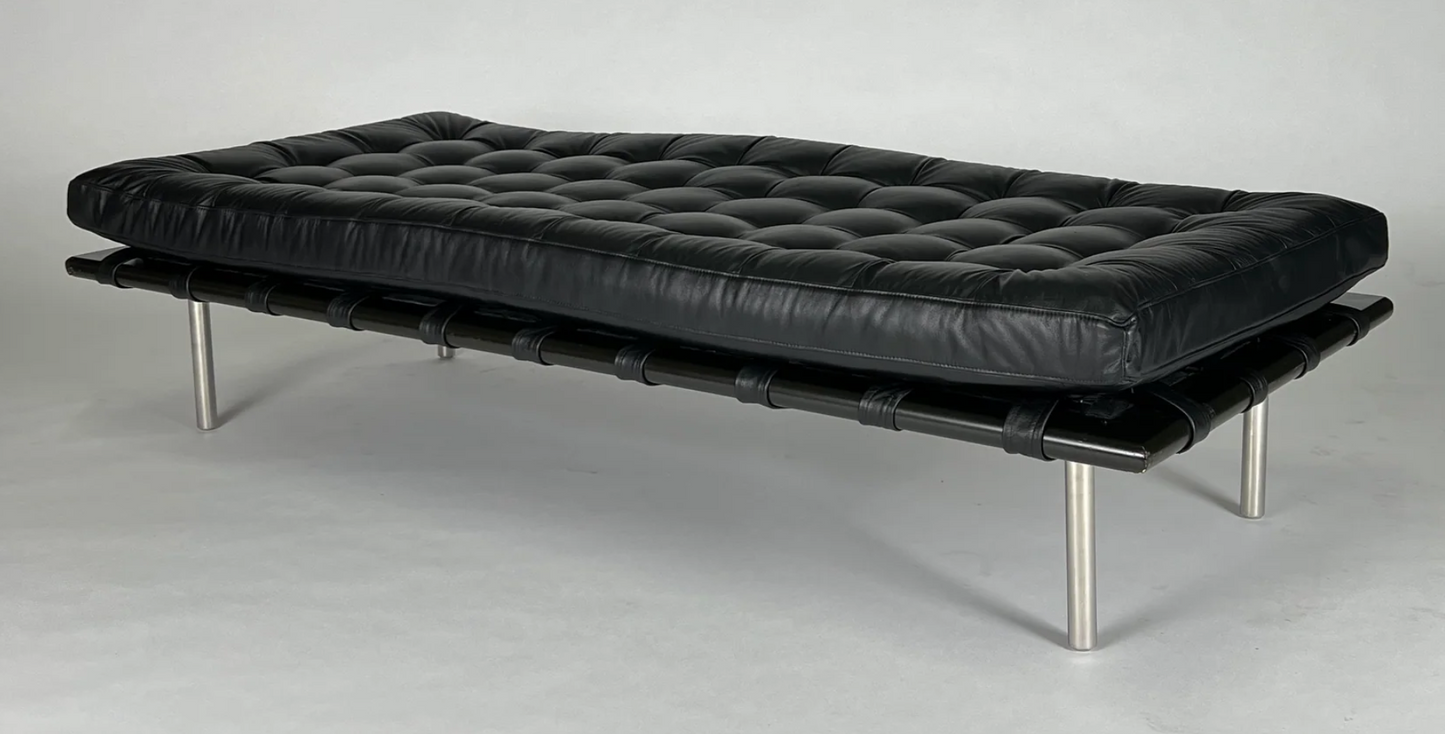 Black leather Eames style bench or chaise lounge, removable bolster