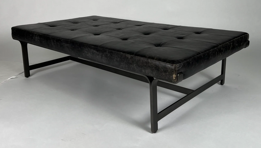 Black leather bench / coffee table with tufting and black metal legs