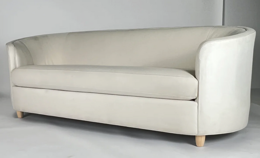 Cream round back sofa, bench seat, natural legs