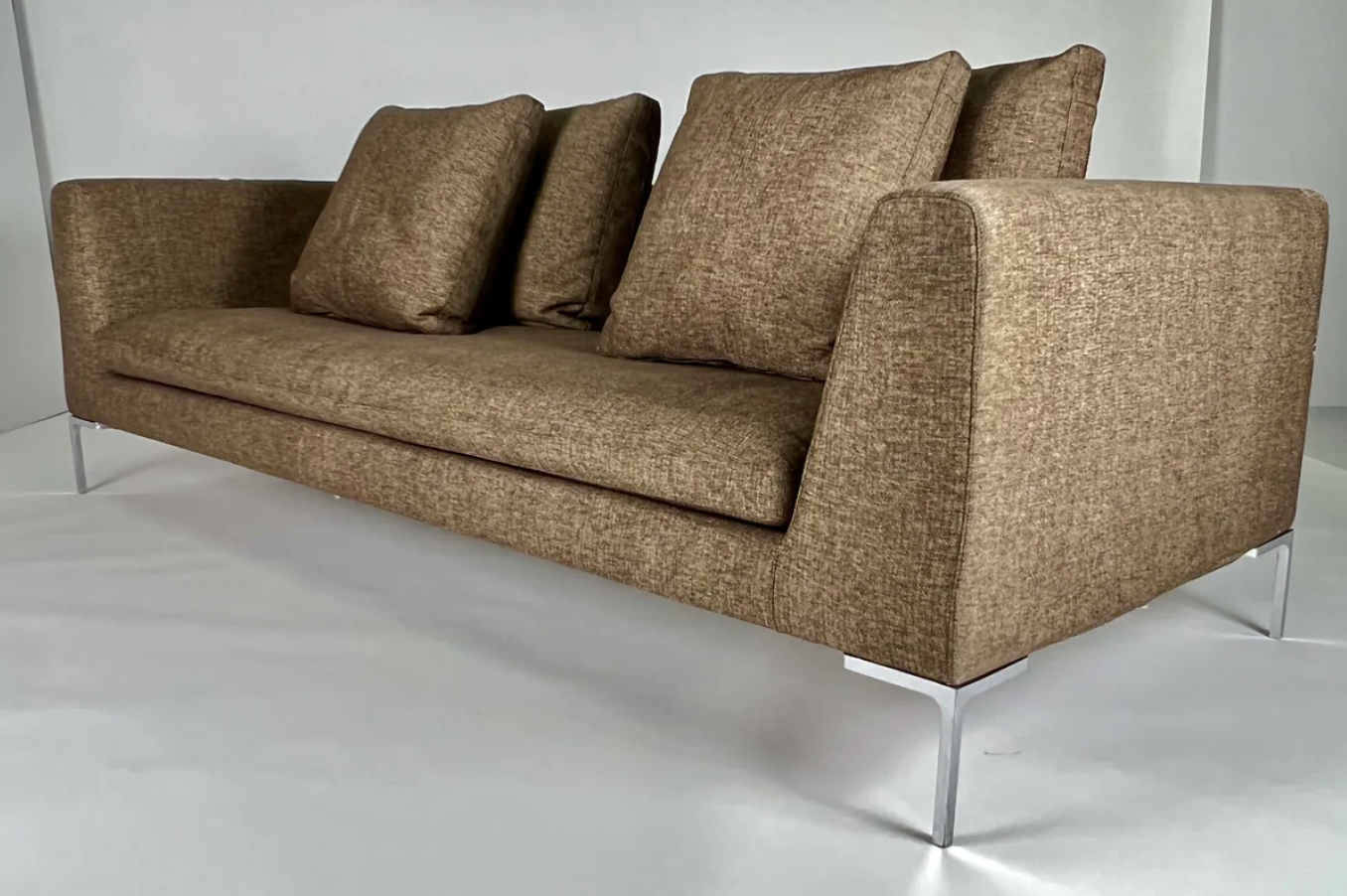 Brown tweed modern sofa,  chrome legs, like Roche Bobois
