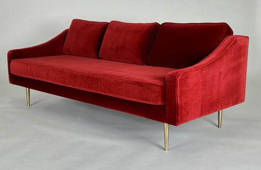 Red velvet sofa, brass legs, mid-century styling