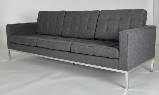 Florence Knoll inspired pewter sofa, mid-century styling