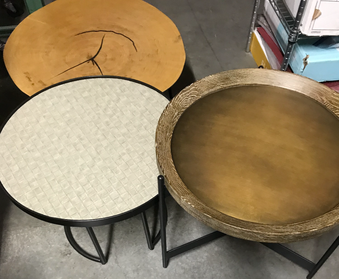 Taupe woven leather top, round table with black metal base