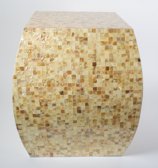 Inlaid god, tan, brown shell mosaic side table