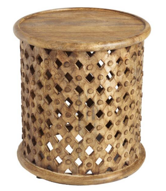 Round wood lattice carved side table