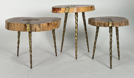 Live edge side tables with molton brass pour and hammered brass legs