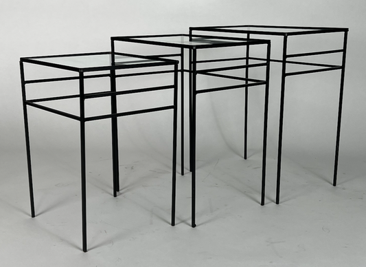 Vintage black metal and glass nesting side tables, mid century
