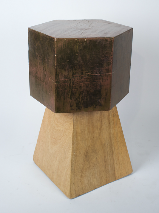 Stacked hex shaped side table, wood and brass clad