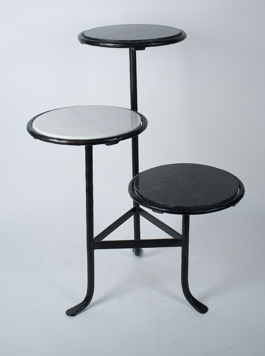 Side table with 3 levels, round stone tops, metal base